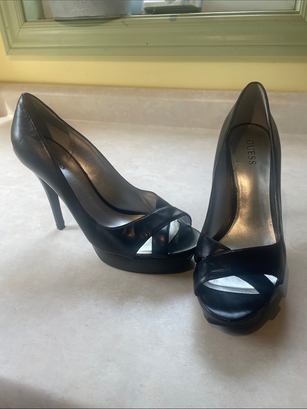 GUESS Black Leather Peep-Toe Platform Heels Size 7.5M